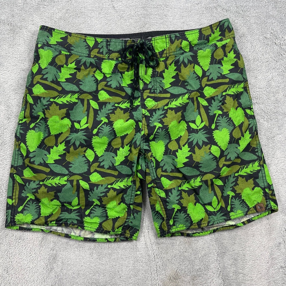 HippyTree Board Shorts Men 38 Green Forest Leaf Mushroom Print Aquatic Division